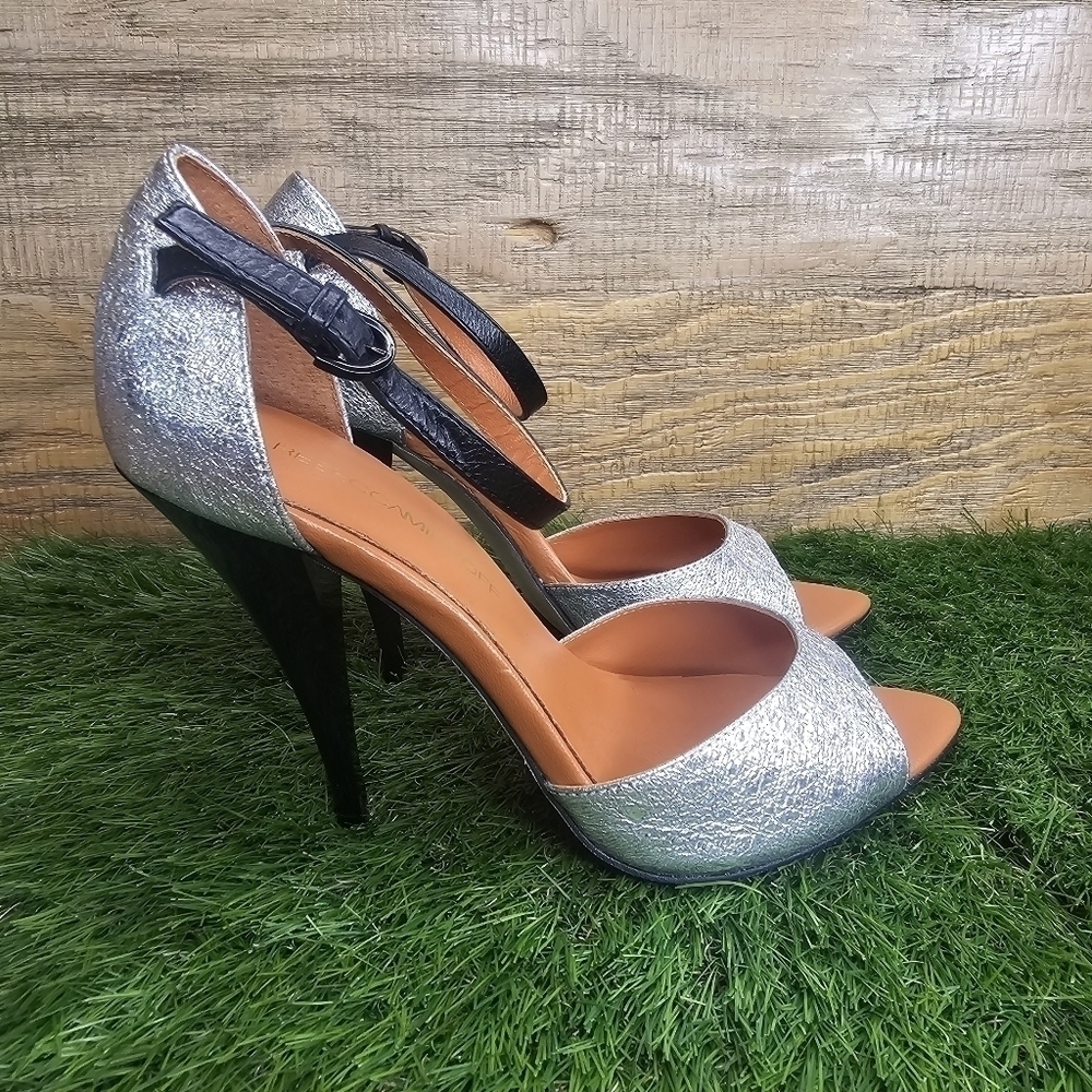 Rebecca Minkoff Ellie Silver Crushed Metal -Silver Sz 7 - Picture 2 of 11